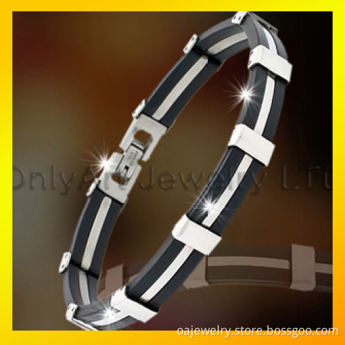 New Design Rubber Inlaid Rhodium Plated 316L Steel Mens Bracelet